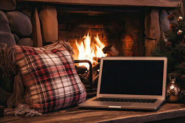 Fototapeta premium Laptop with a black screen mock up, indoor near burning fireplace in rustic style, with cozy blanket and cup of coffee. Seasonal remote work, internet, shopping