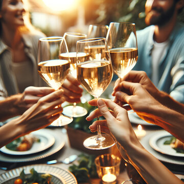  A close-up image of a group of friends raising their glasses in a toast over a dinner table. The glasses are filled with a golden liquid, likely wine generative AI