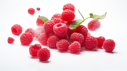 Tumbling raspberries white background - Generative AI