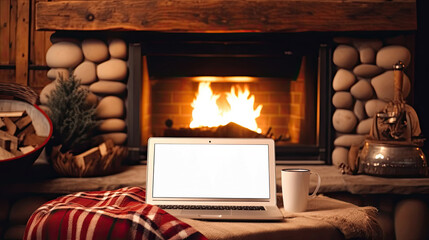 Laptop with a white screen mock up, indoor near burning fireplace in rustic style, with cozy blanket and cup of coffee. Seasonal remote work, internet, shopping