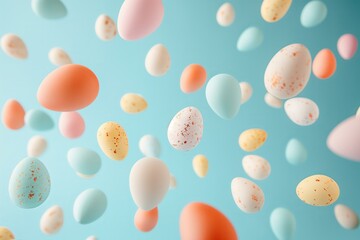 Fototapeta na wymiar Photo of pastel color flying Easter eggs pattern