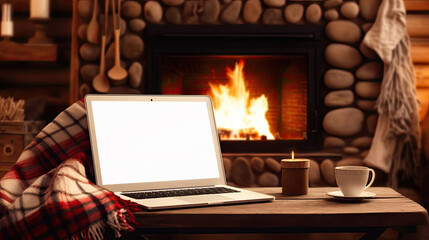 Laptop with a white screen mock up, indoor near burning fireplace in rustic style, with cozy blanket and cup of coffee. Seasonal remote work, internet, shopping