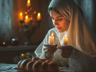 Shabbat Shalom jewish Woman lighting the Shabat Candles. AI Generative - obrazy, fototapety, plakaty