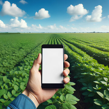 An image of a person's hand holding a smartphone with a blank screen, set against a background of a lush green soybean field under a clear blue sky generative AI