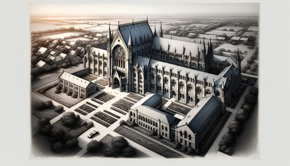 A sketch of an institutional building in an aerial view, showcasing Gothic architecture with influences from I.M. Pei, set in a rural environment generative AI