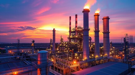 Gas turbine electrical power plant factory in dramatic twilight sunset.