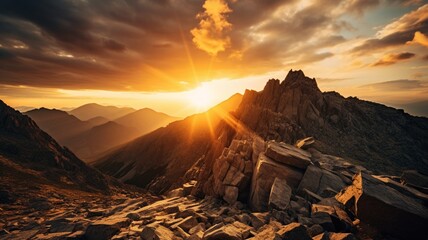 The interplay of light and shadow on a rocky mountain peak during sunrise-Generative Ai