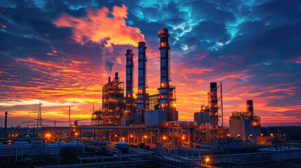 Gas turbine electrical power plant factory in dramatic twilight sunset. - obrazy, fototapety, plakaty