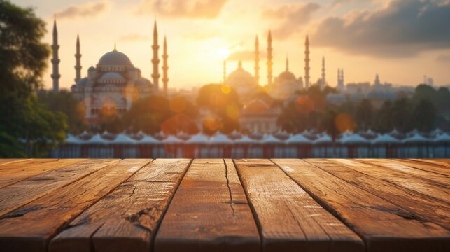 The empty wooden table top with blurred background of mosque