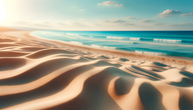 A wide panoramic image of a tranquil beach scene. The foreground is dominated by fine, sunlit sand, detailed to show individual grains and subtle ripp generative AI 