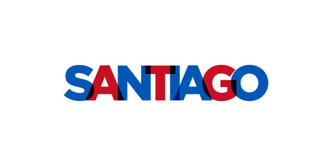 Santiago in the Chile emblem. The design features a geometric style, vector illustration with bold typography in a modern font. The graphic slogan lettering.