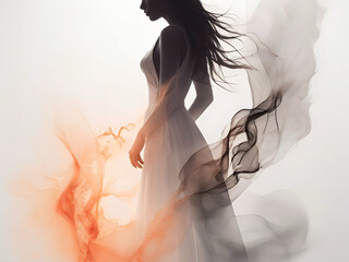 Silhouette of a beautiful woman in a white dress with smoke.