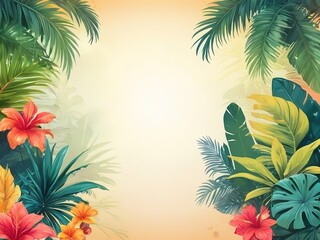 Fototapeta na wymiar Tropical background with palm leaves and hibiscus flowers. Background with copy space