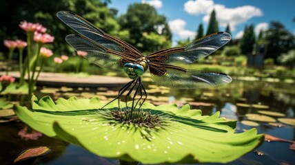 The intricate details of a dragonfly hovering over a pond in a botanical garden -Generative Ai
