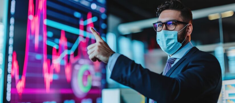 COVID-19 crisis recovery with vaccine concept, happy businessman pointing up on profit graph.