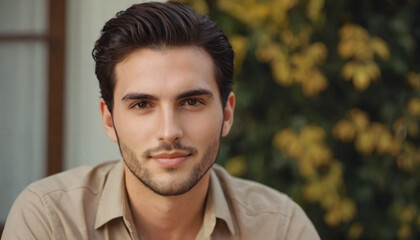 Young Amber-eyed Man with Light Stubble and Warm Smile - Headshot Portrait