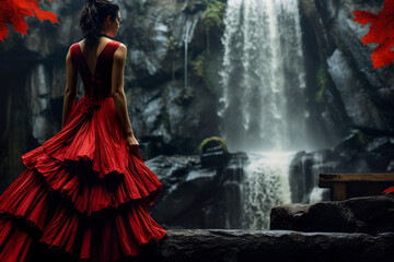 girl in a red and black tuxedo stands in front of a waterfall