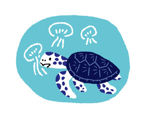 クラゲを食べるウミガメの手描きイラスト