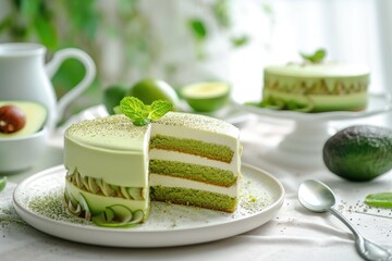 green cake made from avocado sweet and delicious - obrazy, fototapety, plakaty