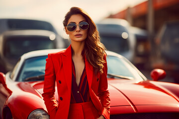 girl in a red tuxedo stands in front of a red sports car