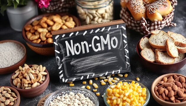 Cereals and the inscription &ldquo;No GMO&rdquo;. Close-up. Concept: healthy eating and natural products.