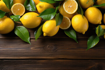 Juicy organic lemons on a wooden background, top view. Copy space.