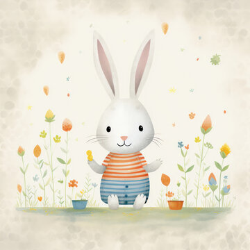 Cute Cartoon Bunny Rabbit in Pink Easter Celebration