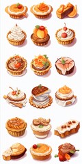 Detailed miniature illustrations of Thanksgiving desserts like pumpkin pie and apple tart, presented in a feminine sticker art style with white and bronze color palettes. Generative AI