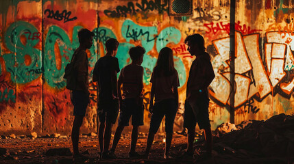 Fototapeta premium Silhouette of people in front of a graffiti wall in the city.