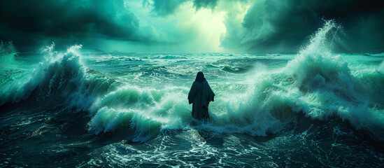 Hush be still. Jesus calms the storm on the sea. Rear view of Jesus standing at the edge of a stormy sea.