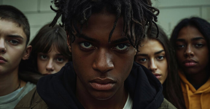 Portrait of young african american man looking at camera with his friends in background.