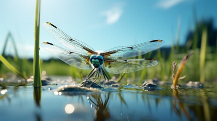 The intricate details of a dragonfly hovering over a pond in a botanical garden -Generative Ai - obrazy, fototapety, plakaty