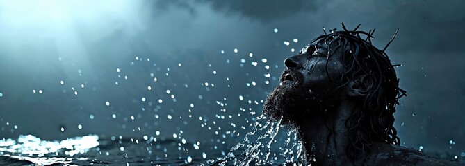 Hush be still. Jesus calms the storm on the sea. Close up picture of Jesus in water.