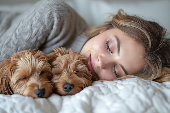 A woman sleeps on a bed with two puppies.