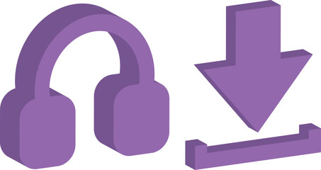 headphone icon and download icon, in purple tones, 3d vector, button