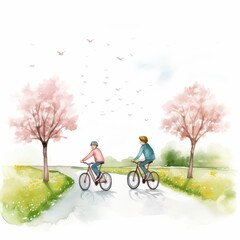 Aquarell eines Frühlingsausflugs mit dem Fahrrad durch eine farbenfrohe Landschaft Illustration