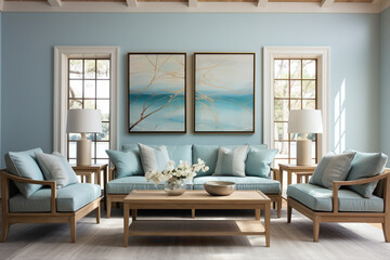 Elevate your living room with the understated charm of light blue and aqua sofas. 