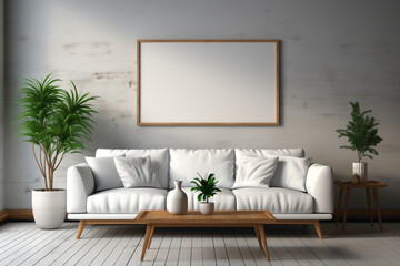 A contemporary living room with a sleek sofa against a blank empty white frame, offering a clean and versatile space for copy text or personalized artwork.