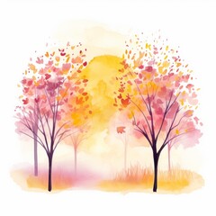 Obraz na płótnie Canvas Aquarell von Bäumen mit blühenden Blumen im warmen Licht der aufgehenden Frühlingssonne Illustration