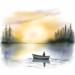 Aquarell eines Sonnenaufgangs über einem See mit einem Boot Illustration