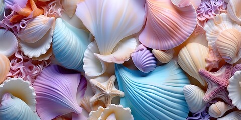 A collection of shells in various beautiful pastel colors. generative AI - obrazy, fototapety, plakaty