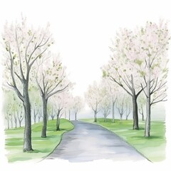 Aquarell einer romantischen Allee mit blühenden Bäumen Illustration
