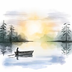 Aquarell eines Sonnenaufgangs über einem See mit einem Boot Illustration