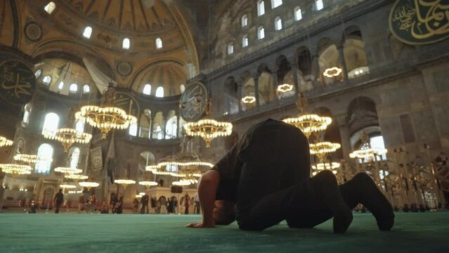 Islam Muslim Man Salah Salat Pray Kneel inside a Mosque