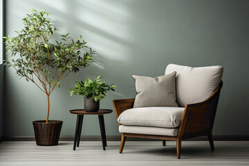 Embrace comfort with a soft color single sofa chair paired with a charming little plant, set against a minimalist solid wall with a blank empty white frame.