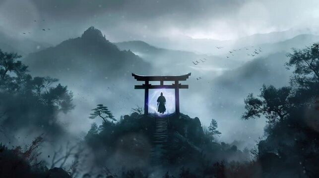 a torii gate on a snowy hill. seamless looping time-lapse virtual video Animation Background.