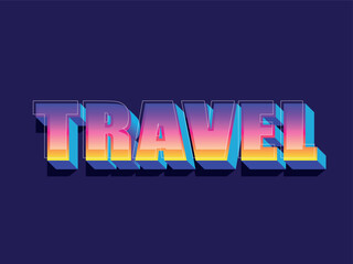 Travel 3D text retro design. Color glossy gradient letters with shadow on dark background. Vector illustration.