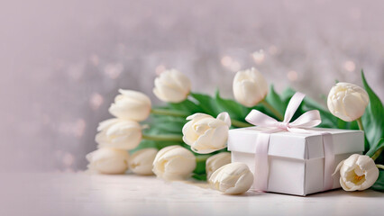 beautiful white gift box with ribbon on a blurred background of white tulips