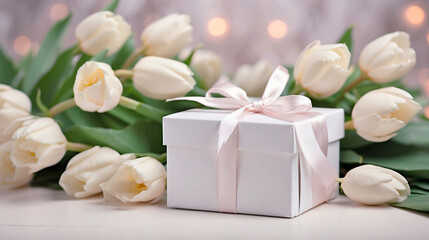 Fototapeta na wymiar beautiful white gift box with ribbon on a blurred background of white tulips