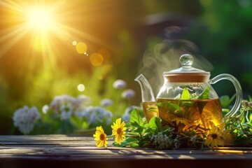 Herb tea against the background of a bright sunny day - obrazy, fototapety, plakaty